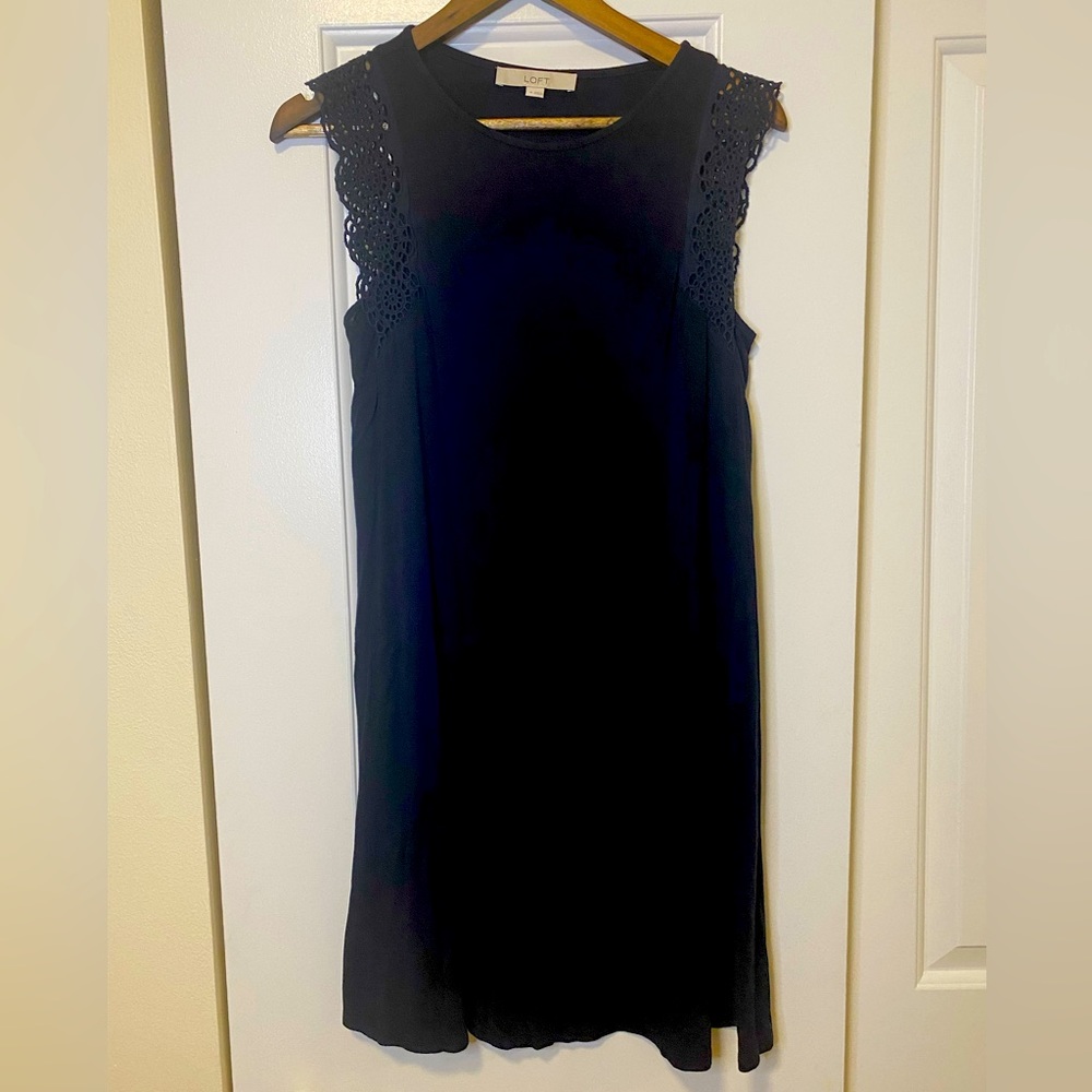LOFT navy dress with eyelet cap sleeve detail